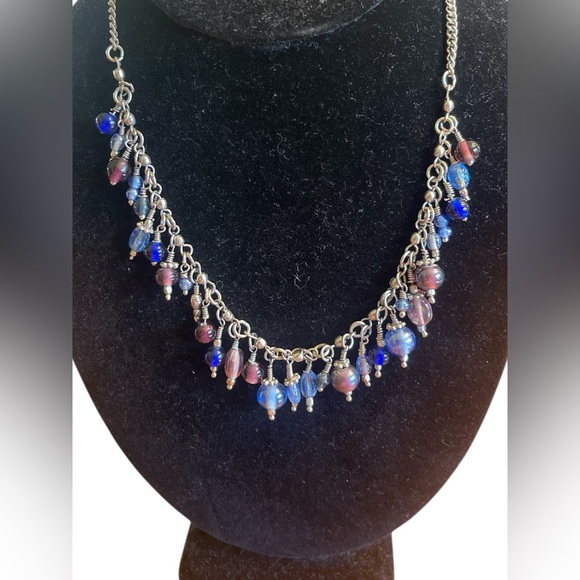 Blue Purple Beaded Charm Necklace Silver Tone Glass Drop Fringe Statement 17” - Picture 2 of 4